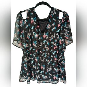 Lane Bryant Black Floral Cold-Shoulder Tunic with Teal & Pink Accents